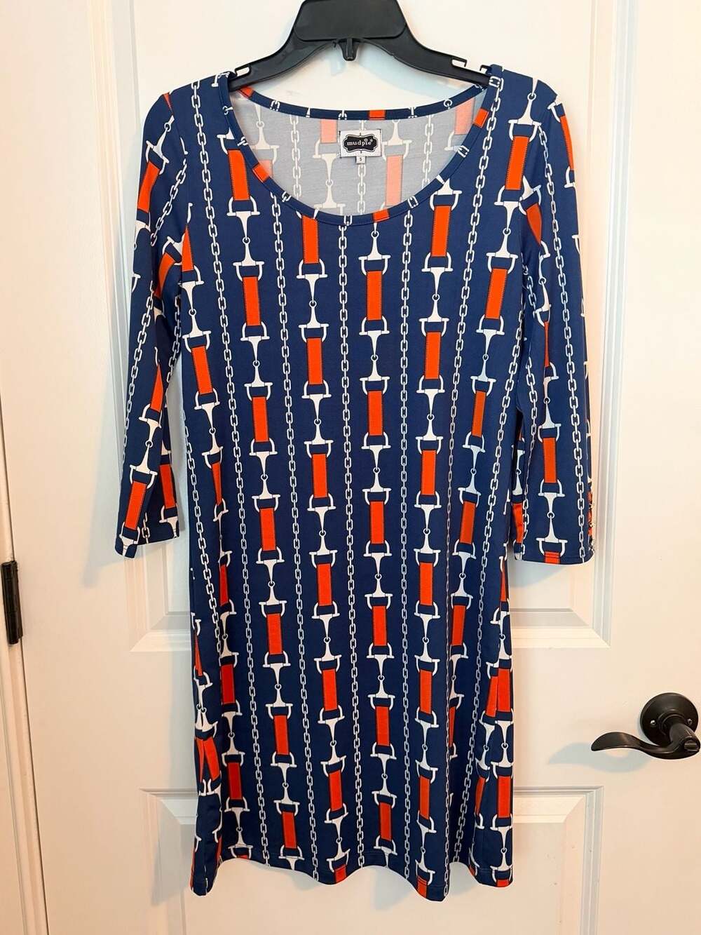 Mud Pie Equestrian Horsebit and Chain Print Long Sleeve Shift Dress S